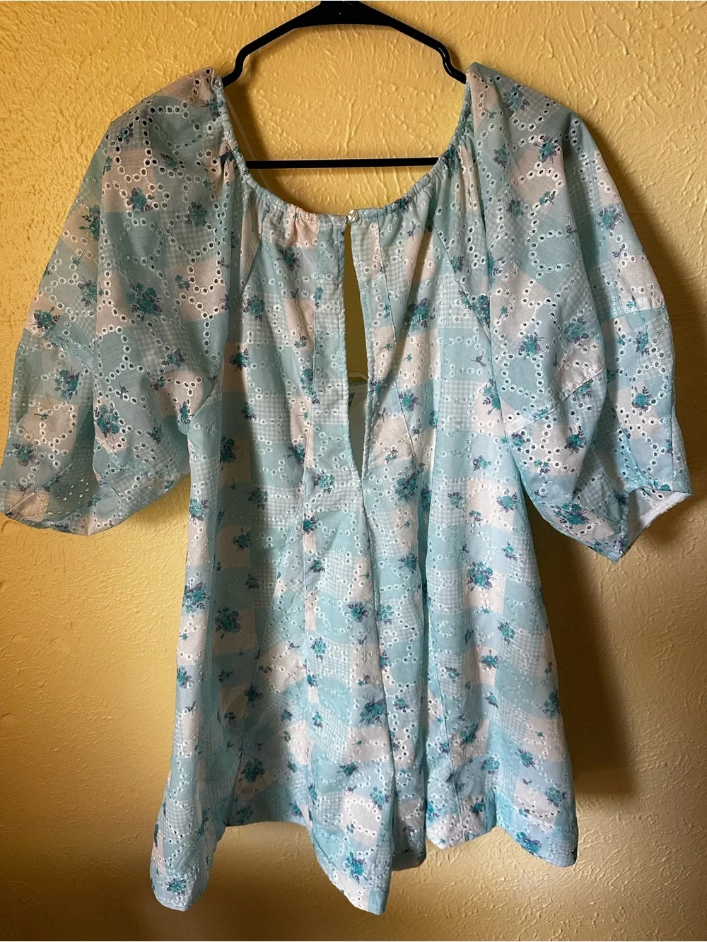 Cottagecore Blue Floral Eyelet Short Romper Oversized Babydoll Whimsy Girlcore